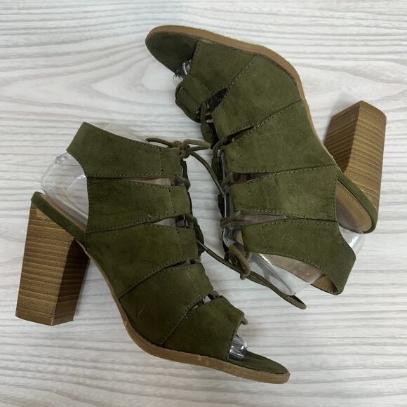 Reaction Kenneth Cole Sandals WMNS 8 Gladiator Lace Up Suede Green Block Heels - Picture 5 of 6